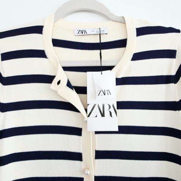 Zara Blue & Cream Beige Nautical Pearl Button Accent Cardigan Sweater Size Large - Picture 4 of 10